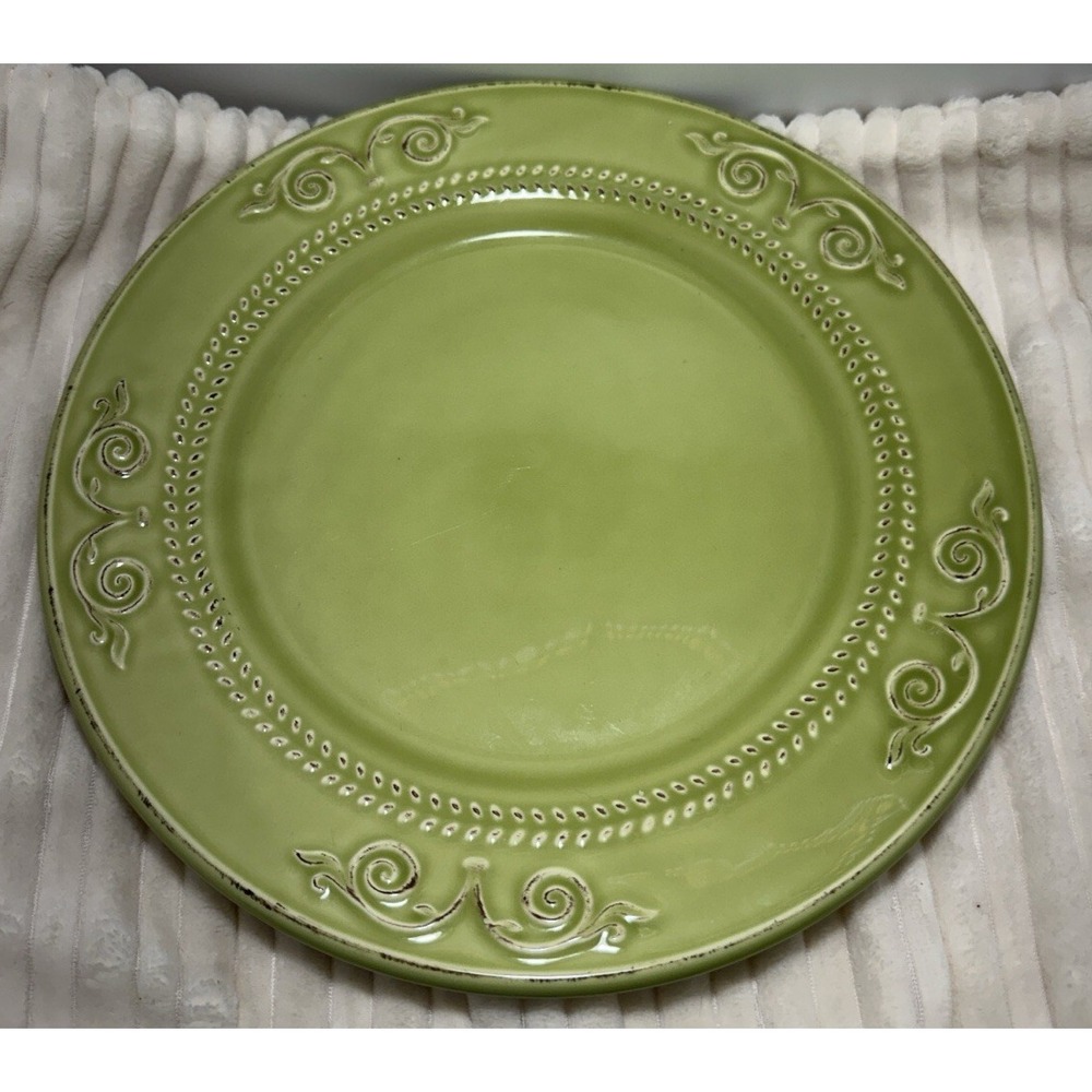 Matceramica Green Scroll Stoneware Single Dinner Plate 11'' Cottagecore